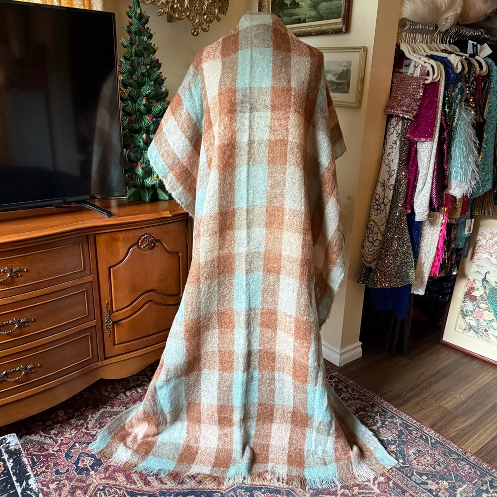 Vintage Plaid Brown and Blue Mohair Throw